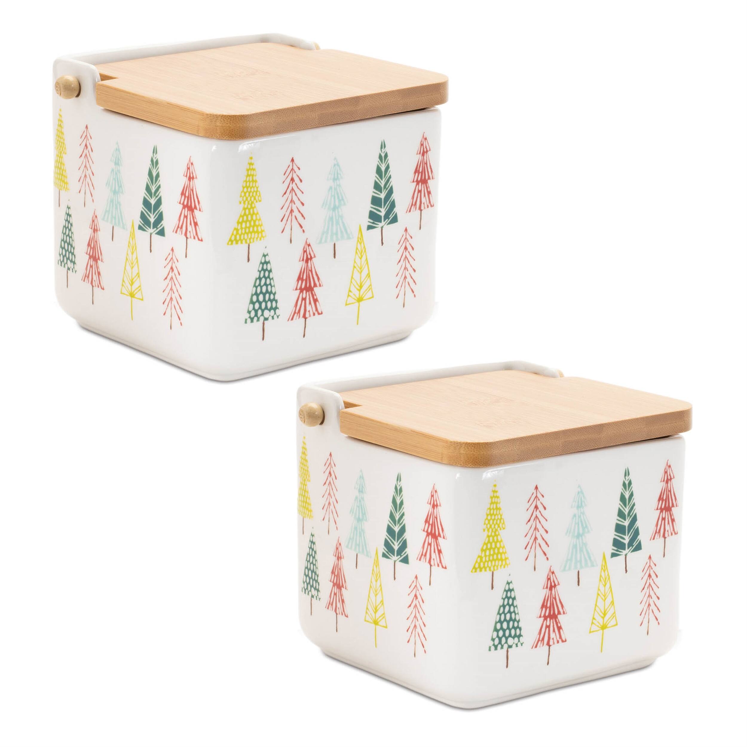 Left. BreeBe - Ceramic Pine Tree Print Box (Set of 2) - White, Green, Red.