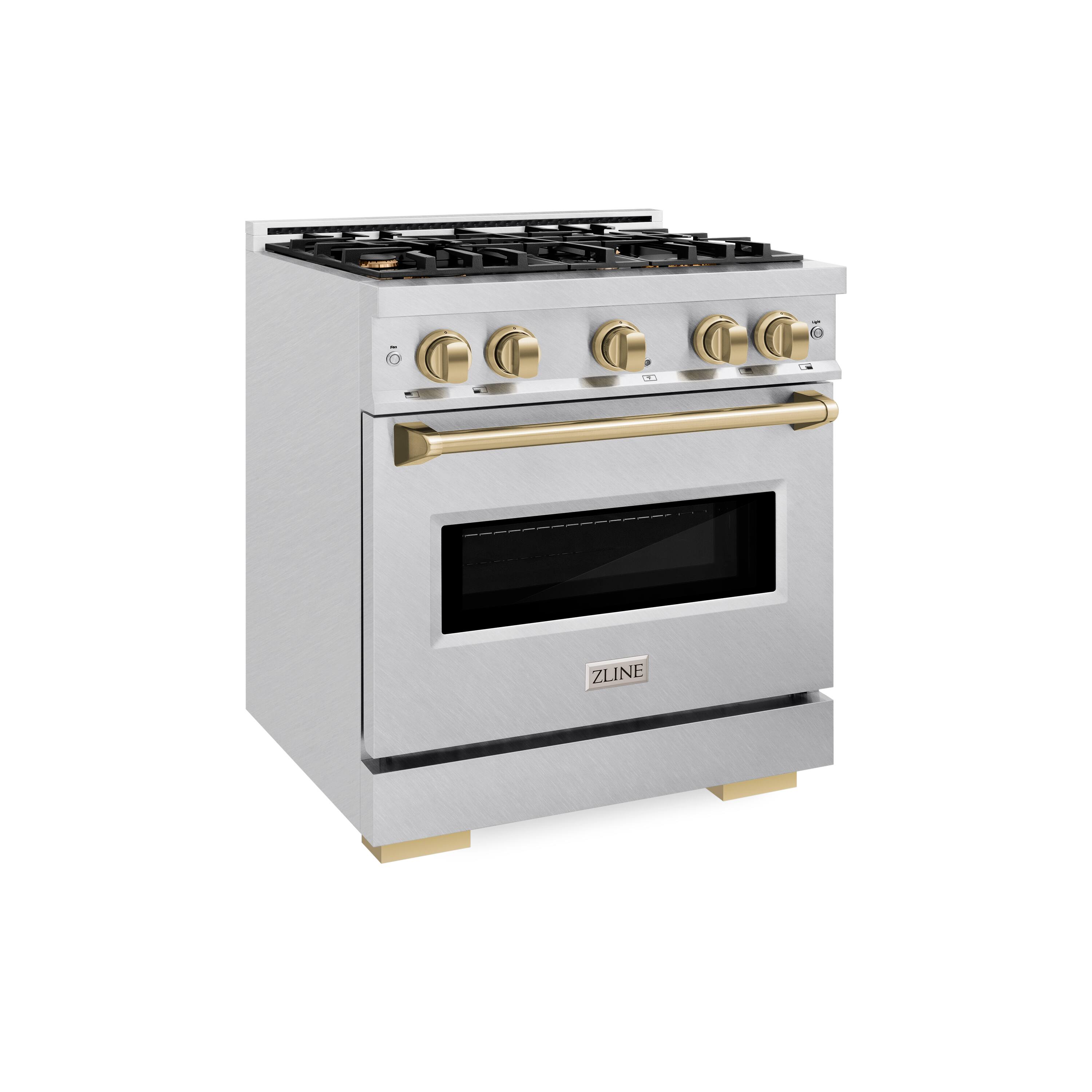 Angle. ZLINE - ZLINE Autograph 30 in. Classic Satin Steel Gas Range w/ 4 Burners & Bronze Accents (CGRSZ-30-CB) - Stainless Steel.
