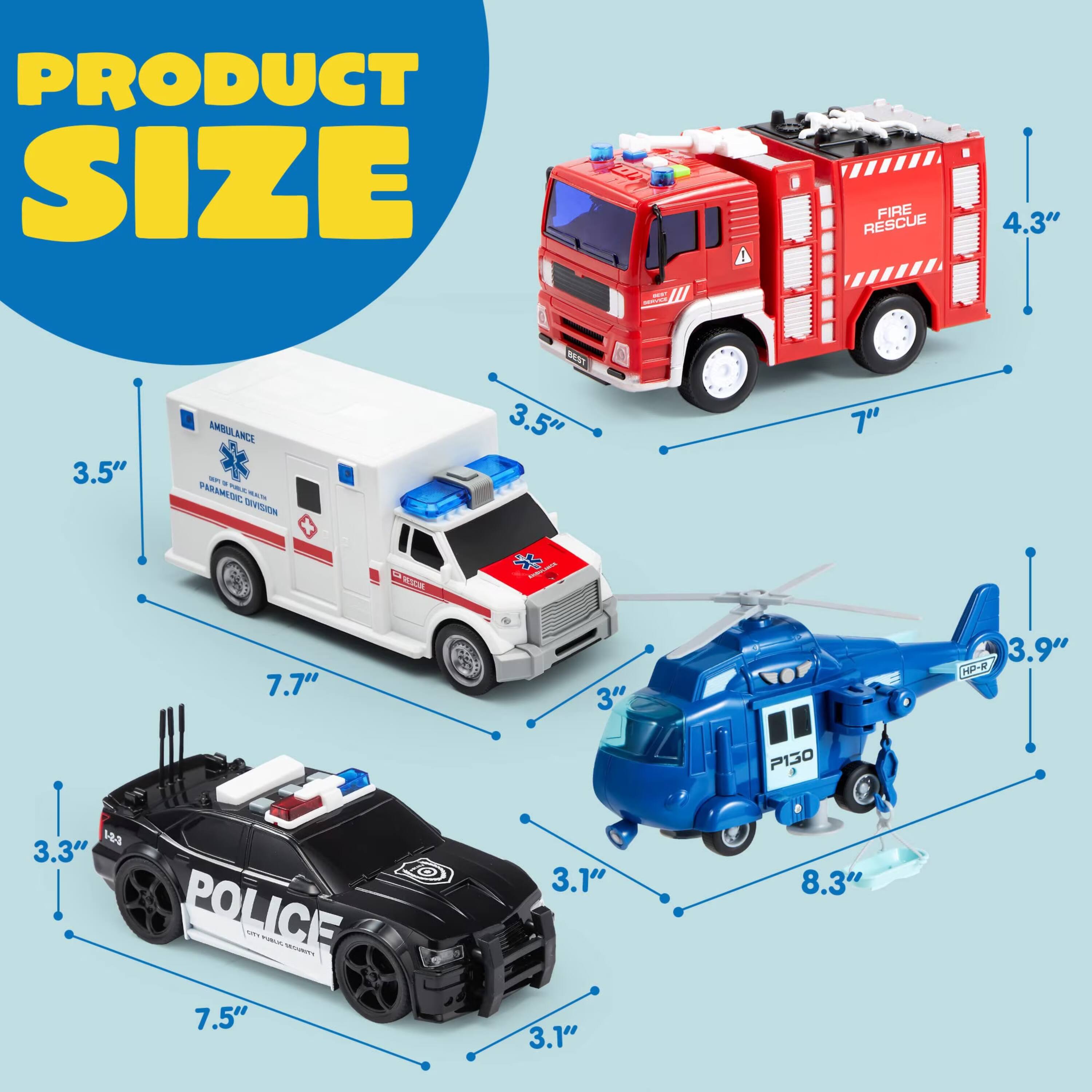 PRODUCT SIZE

- FIRE RESCUE: 4.3" x 7" x 3.5"
- AMBULANCE: 3.5" x 7.7" x 3"
- HELICOPTER: 3.9" x 8.3" x 3.1"
- POLICE: 3.3" x 7.5" x 3.1"