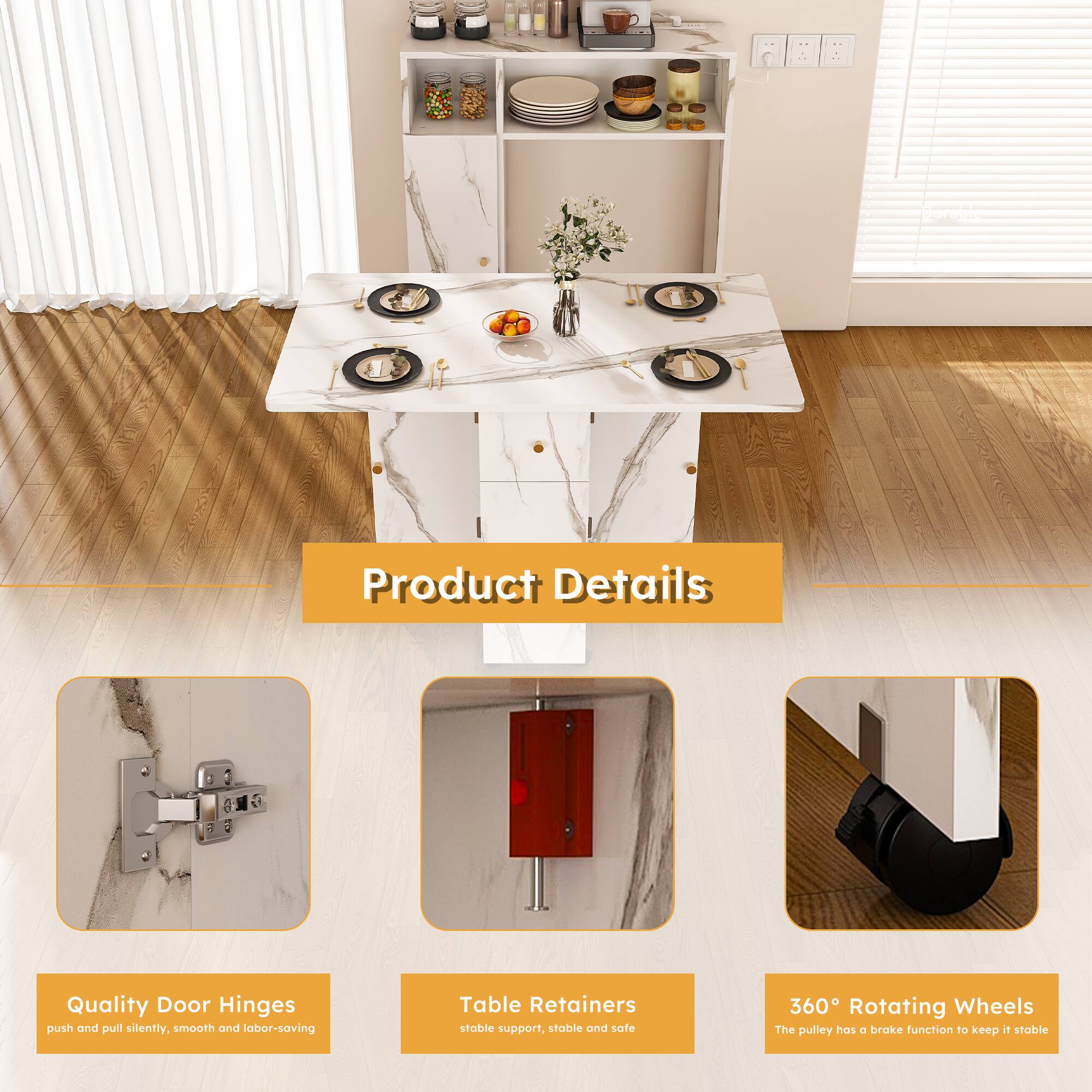 Product Details

Quality Door Hinges  
push and pull silently, smooth and labor-saving

Table Retainers  
stable support, stable and safe

360° Rotating Wheels  
The pulley has a brake function to keep it stable