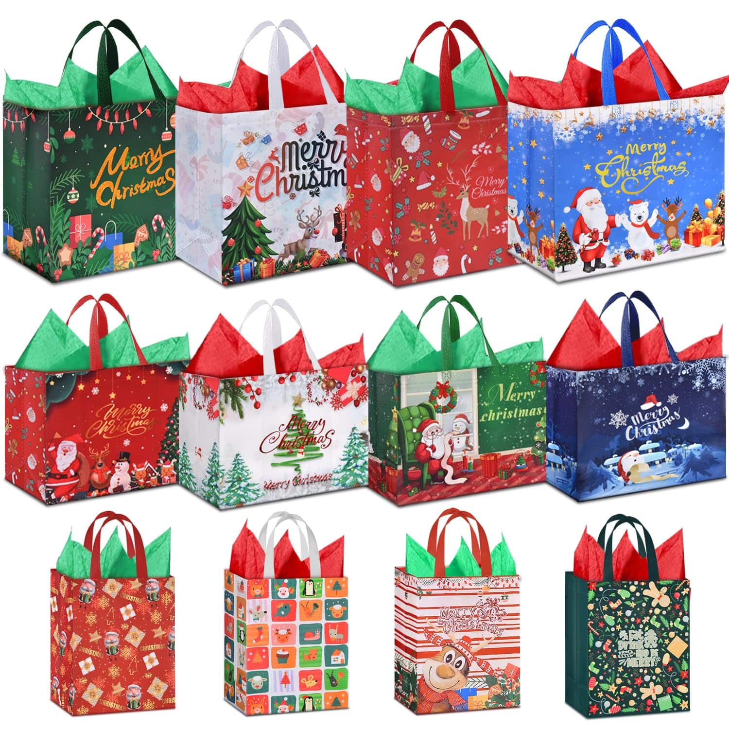 Paradigms Interiors - Extra Large Christmas Gift Bags 15 7'' X 14 2''x 5 9'' Tote With Reusable Shopping Bag For Year Xmas's Part - 12PCS: 4 Large+ 4 Medium + 4 Small