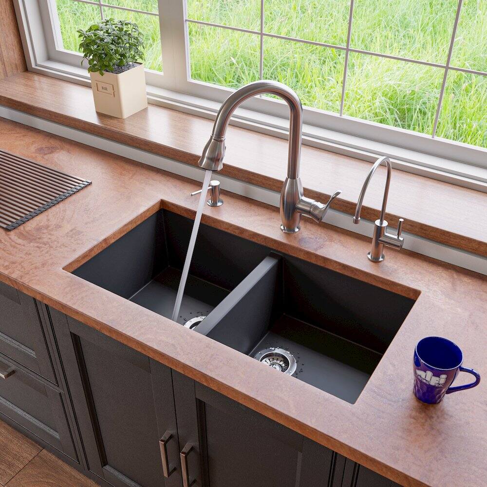 Angle. Alfi - Black 34" Undermount Double Bowl Granite Composite Kitchen Sink - Black.