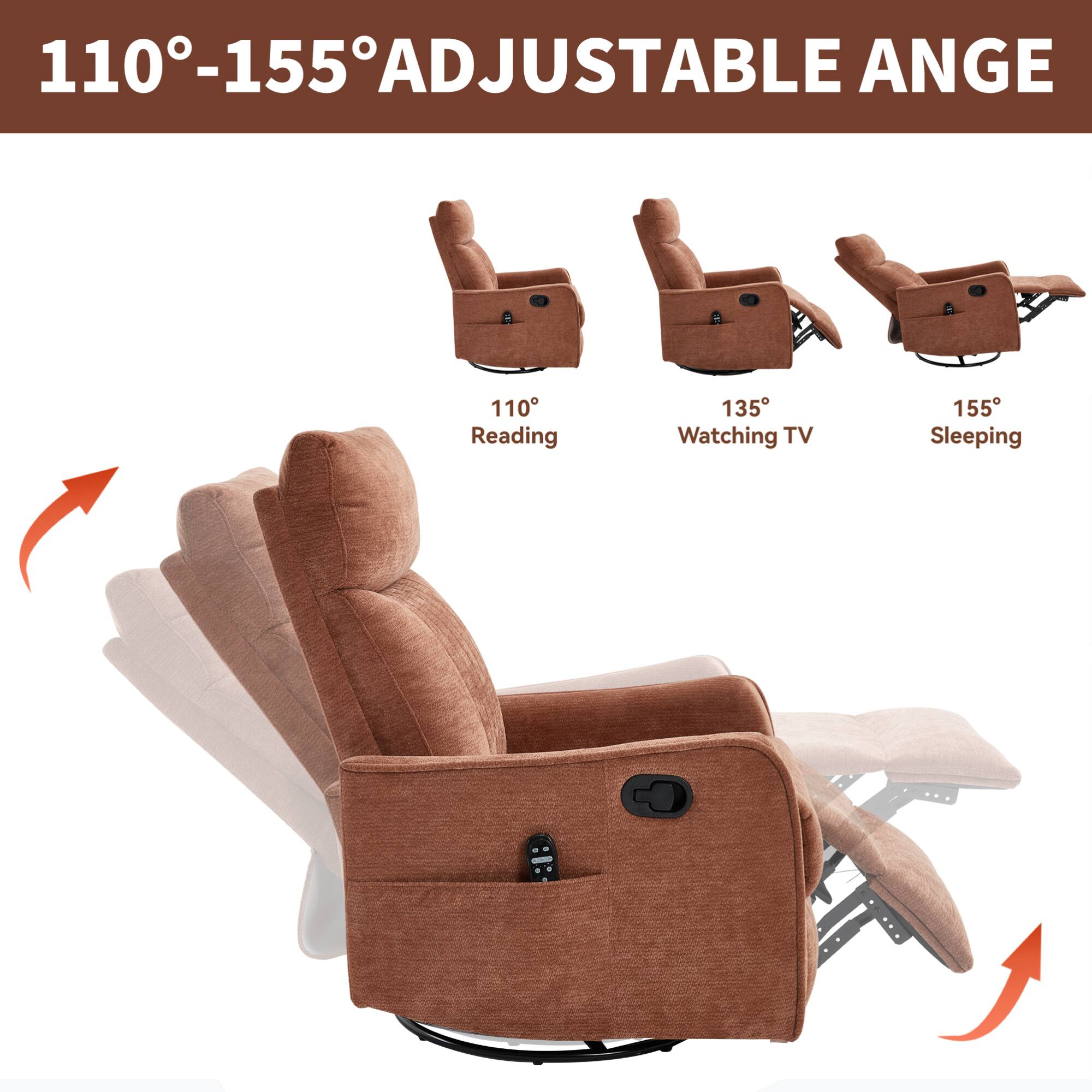 110°-155° ADJUSTABLE ANGLE

110° Reading  
135° Watching TV  
155° Sleeping