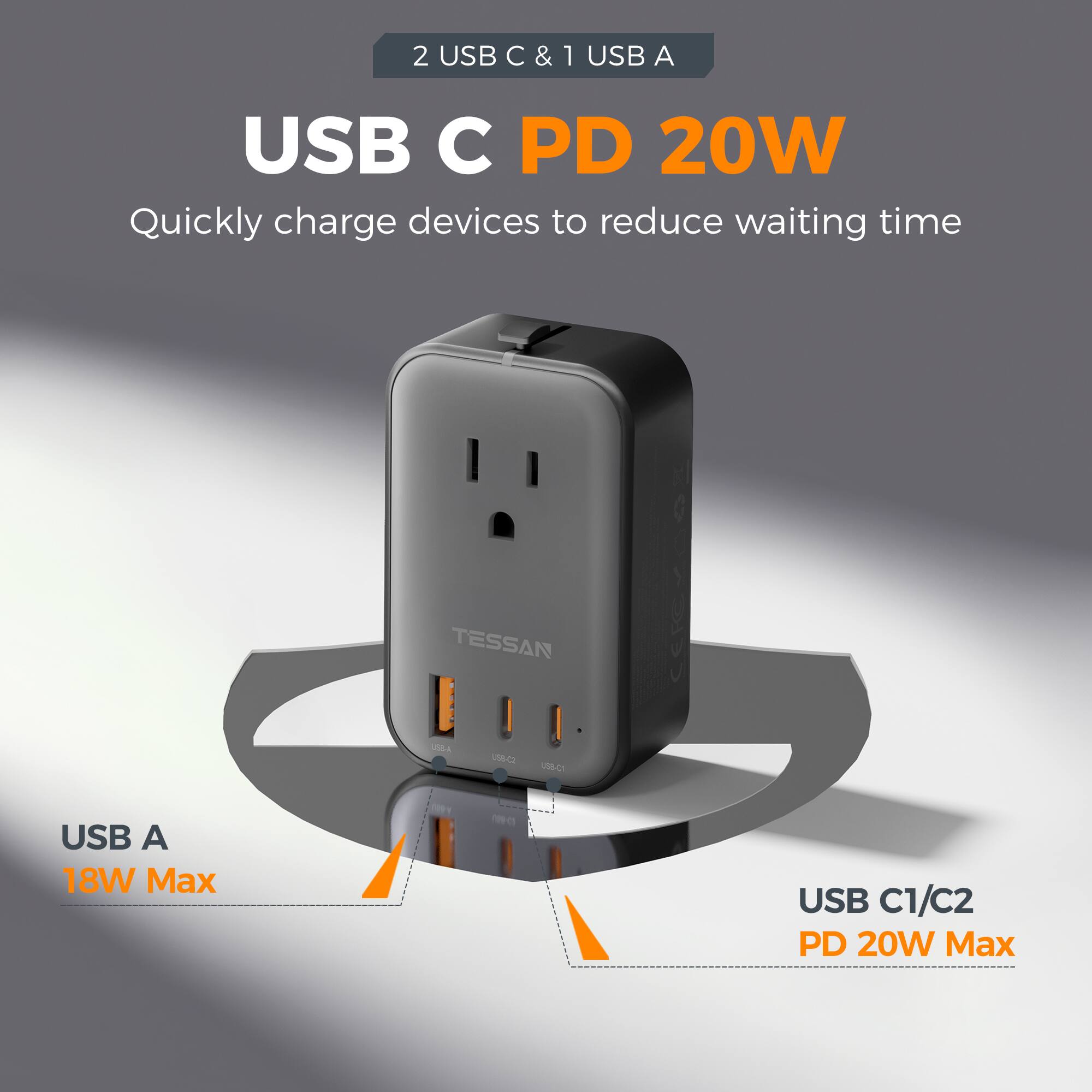 2 USB C & 1 USB A  
USB C PD 20W  
Quickly charge devices to reduce waiting time  

TESSAN  

USB A  
18W Max  

USB C1/C2  
PD 20W Max