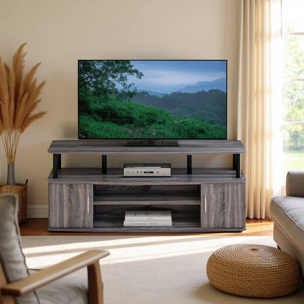 Left. FurniFact - Grey 50 Inch TV Stand,Three Open Shelves and Two-Door Storage Modern TV Console - French Oak Grey/Black.