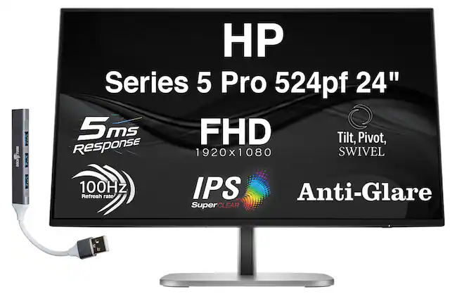 HP Series 5 Pro 524pf 24"
FHD 1920x1080
5ms Response
100Hz Refresh Rate
IPS SuperClear
Anti-Glare
Tilt, Pivot, Swivel