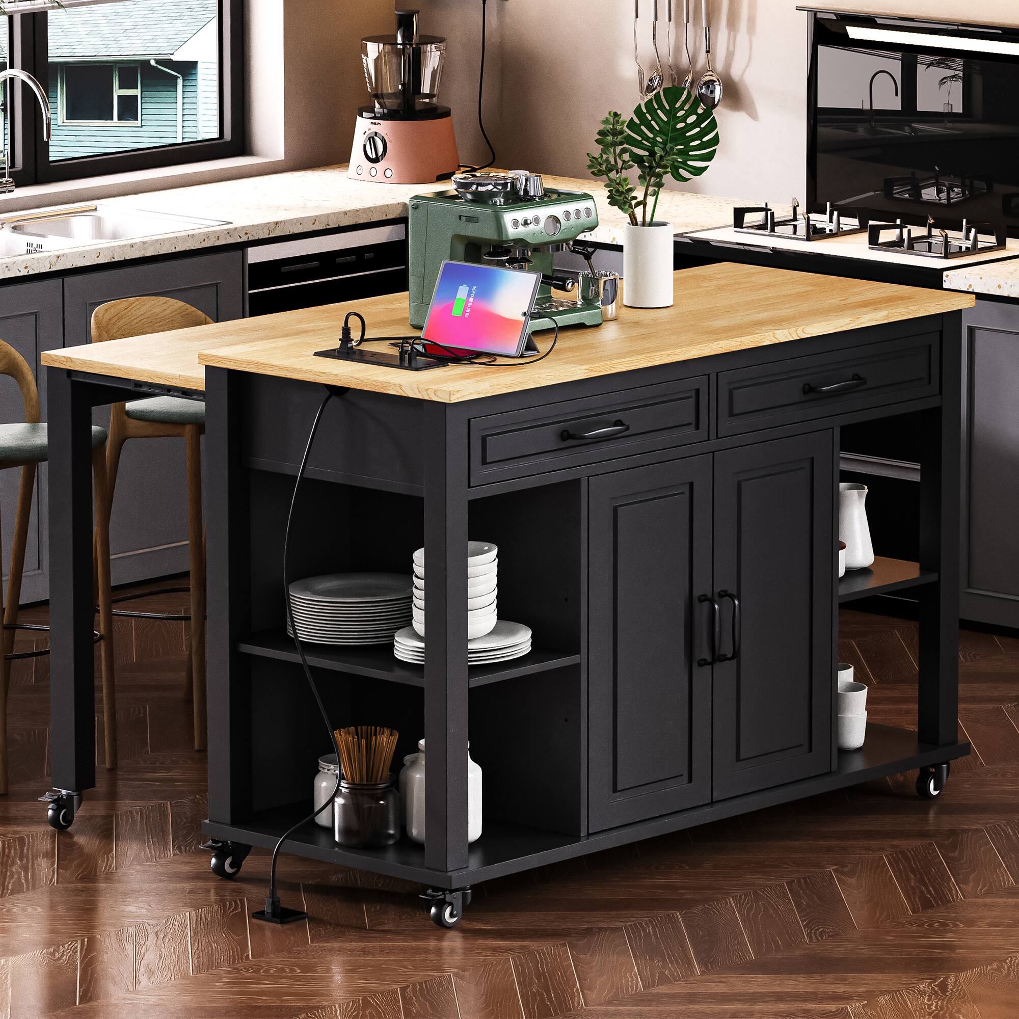 Left. TinyHomie - 47in Kitchen Island with Extendable Dining Table Rubber Wood Veneer Kitchen Table with Internal Storage Rack PowerOutlet - Black.