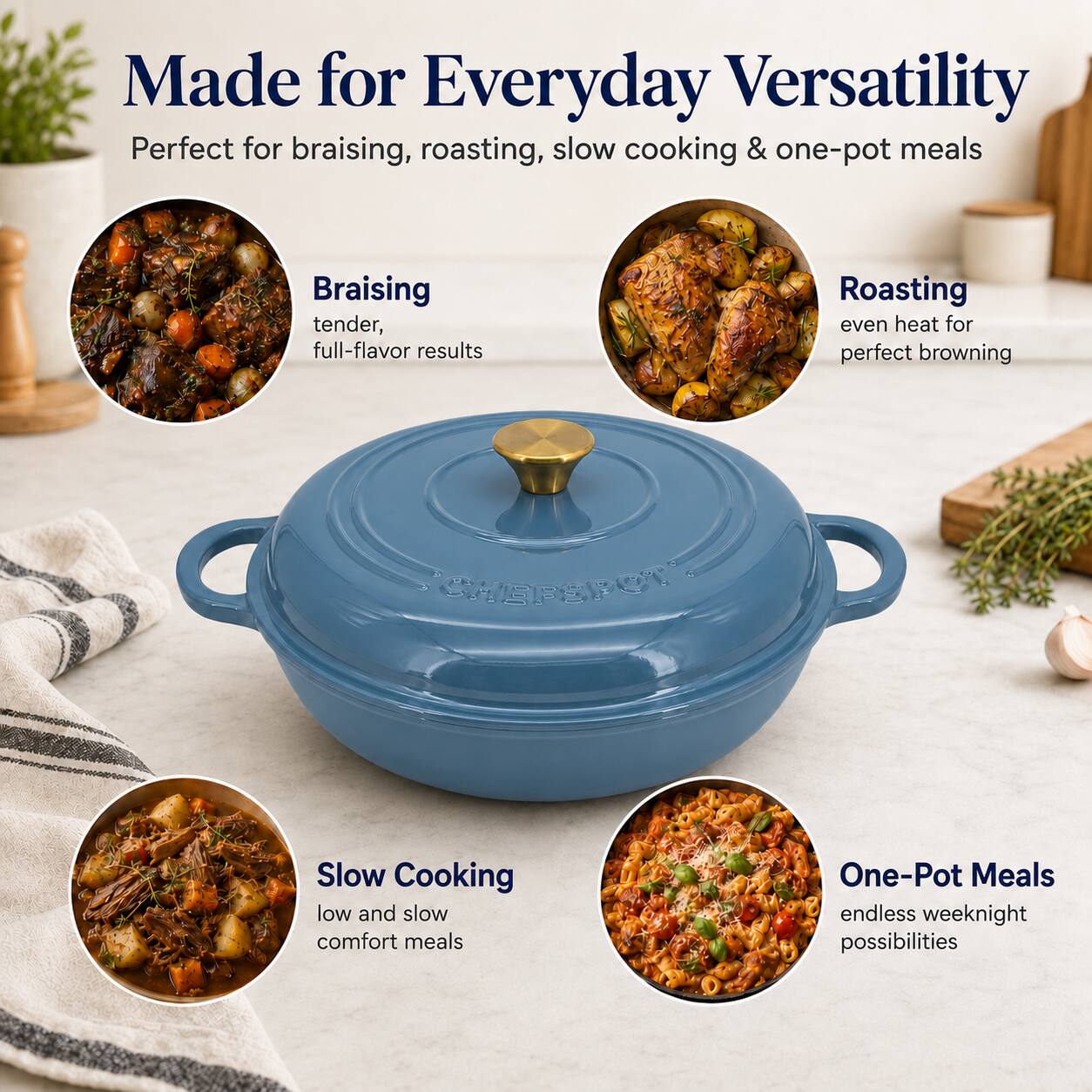 Made for Everyday Versatility  
Perfect for braising, roasting, slow cooking & one-pot meals

Braising  
tender, full-flavor results

Roasting  
even heat for perfect browning

Slow Cooking  
low and slow comfort meals

One-Pot Meals  
endless weeknight possibilities