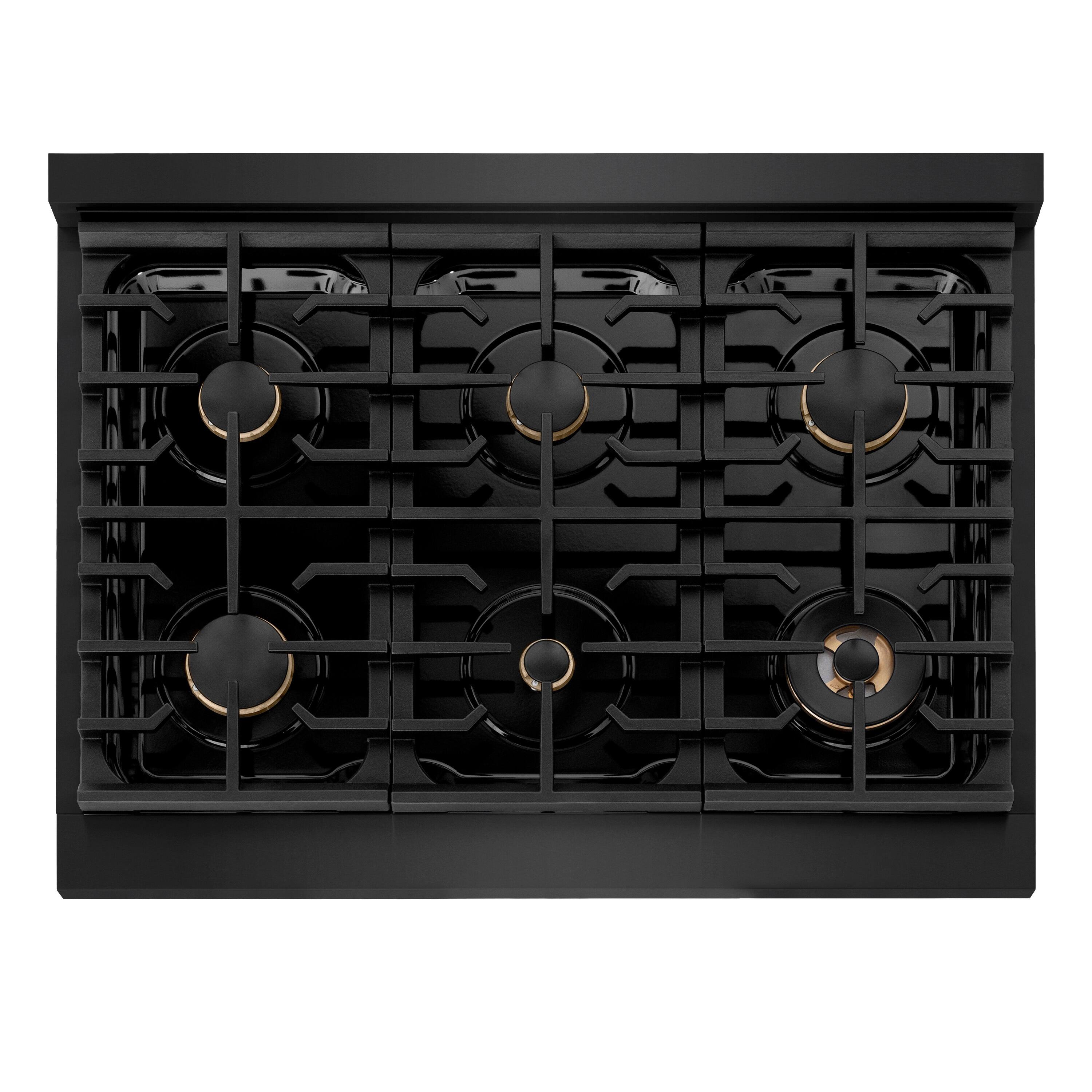 Left. ZLINE - ZLINE Autograph 36 in. 5.2 Cu. Ft. Freestanding Paramount Gas Range in Black Stainless Steel with Gold Helix Handle - Black Stainless Steel.
