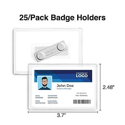 25/Pack Badge Holders

COMPANY LOGO

John Doe  
Creative Manager

ID No.  
Joined Date  
Expire Date

Your Signature

00/00/0000  
00/00/0000

Your Sincerely

2.48"  
3.7"