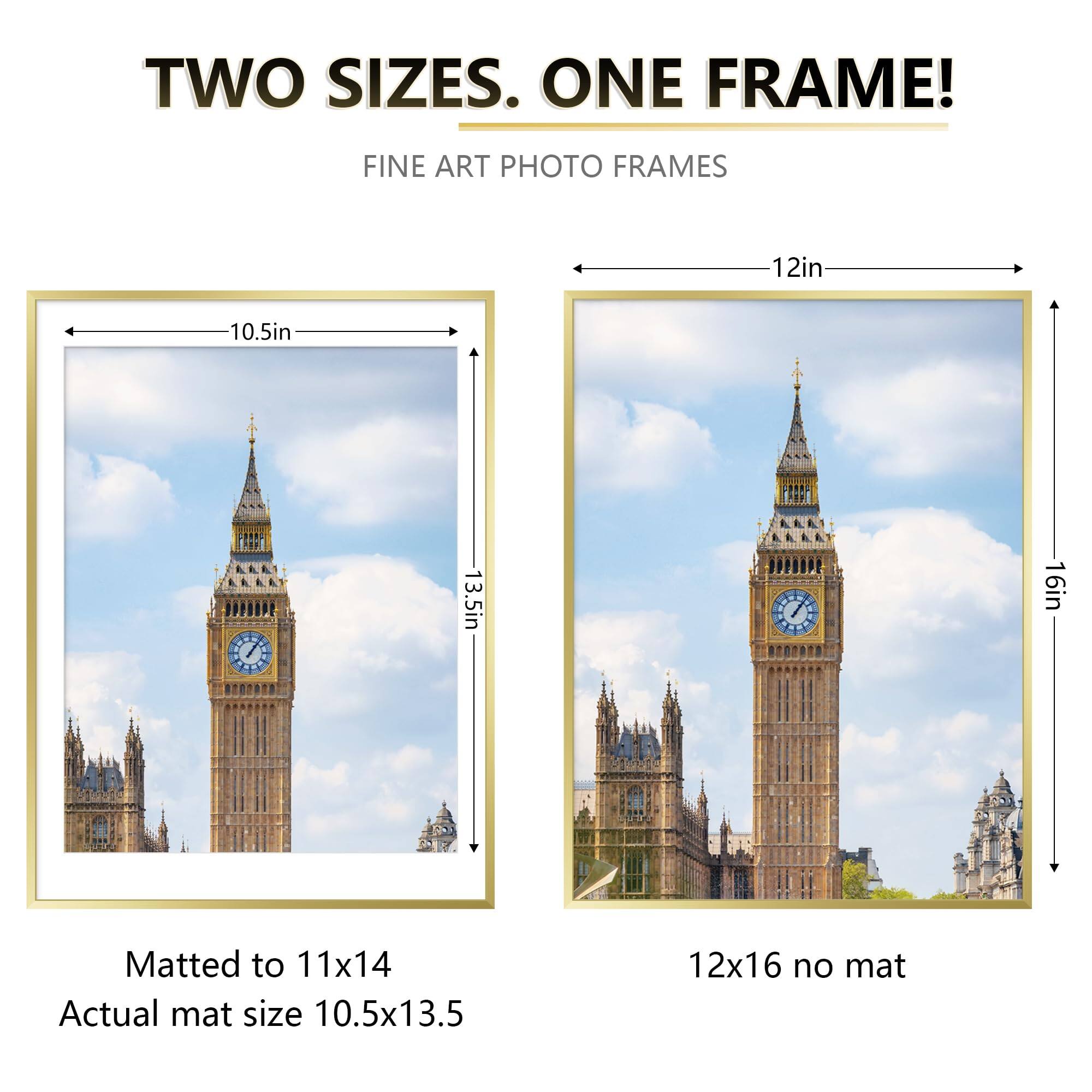 TWO SIZES. ONE FRAME!  
FINE ART PHOTO FRAMES  

12in 10.5in 13.5in 16in  
Matted to 11x14  
Actual mat size 10.5x13.5  
12x16 no mat