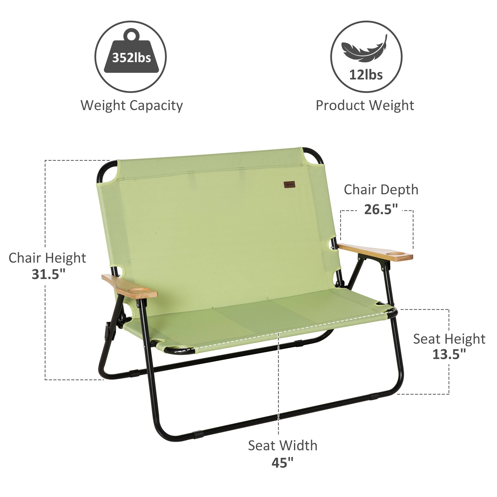 Weight Capacity: 352lbs
Product Weight: 12lbs
Chair Depth: 26.5"
Chair Height: 31.5"
Seat Height: 13.5"
Seat Width: 45"