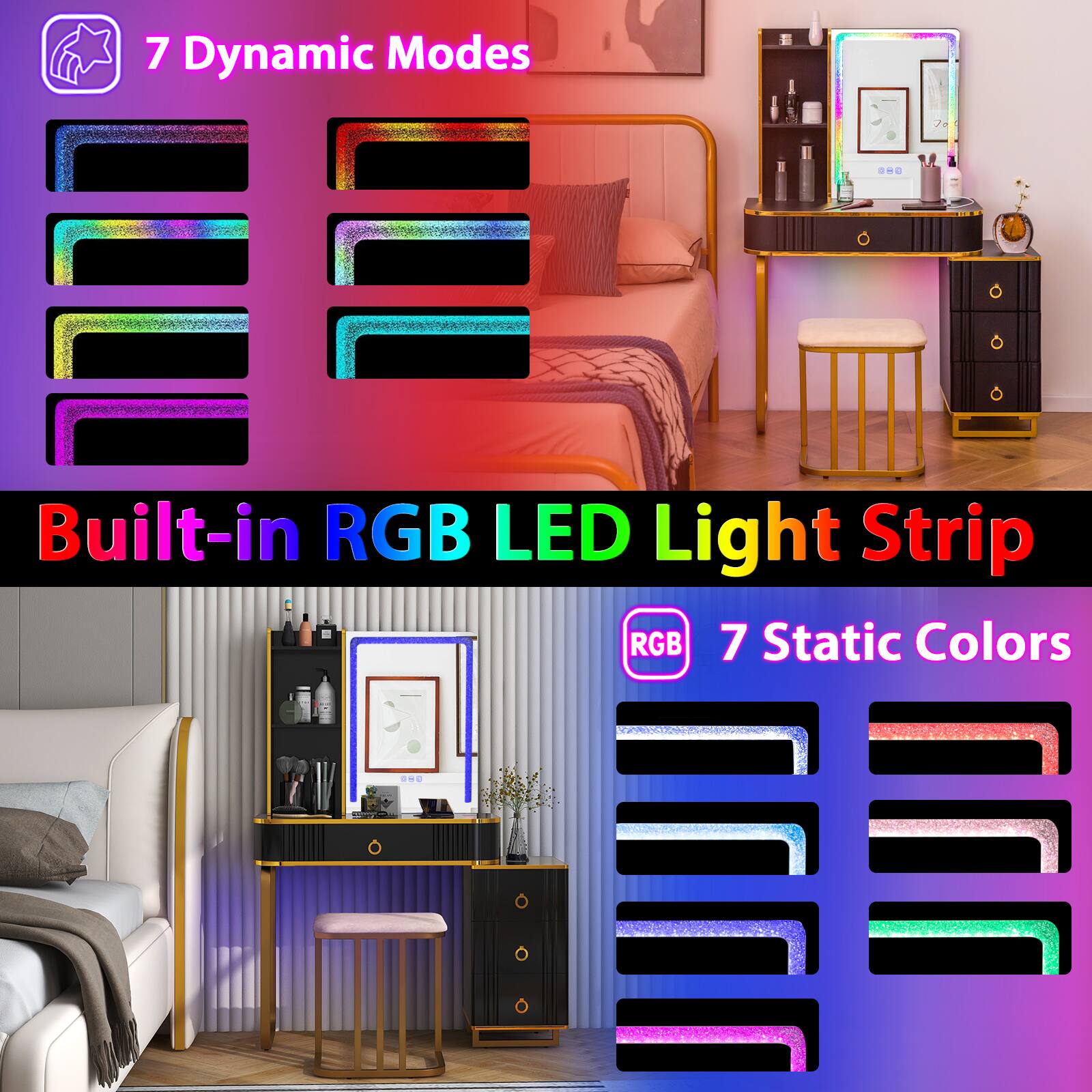 7 Dynamic Modes, Built-in RGB LED Light Strip, RGB 7 Static Colors