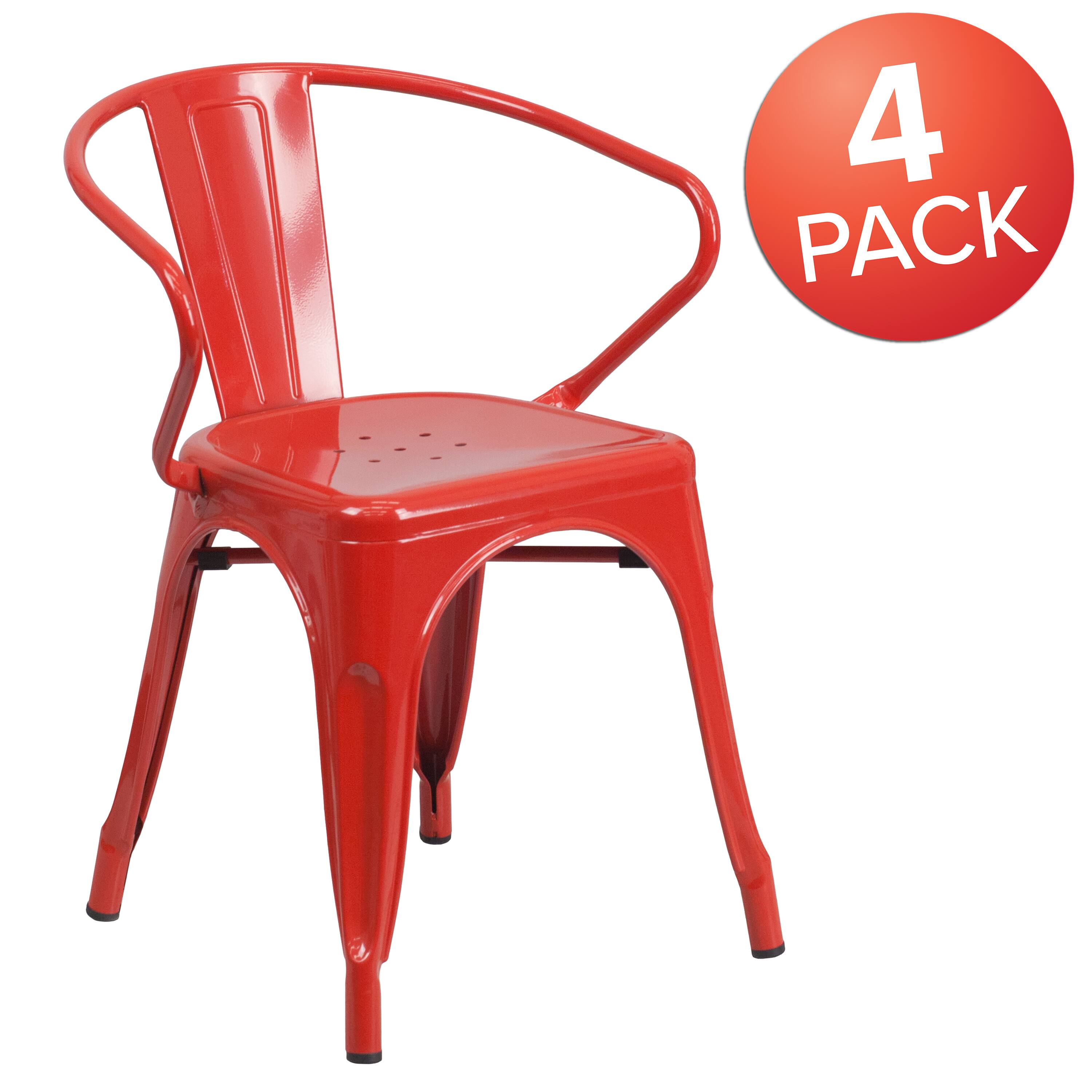 Alt View 1. Emma + Oliver - Commercial Grade 4 Pack Metal Indoor-Outdoor Chair with Arms - Red.