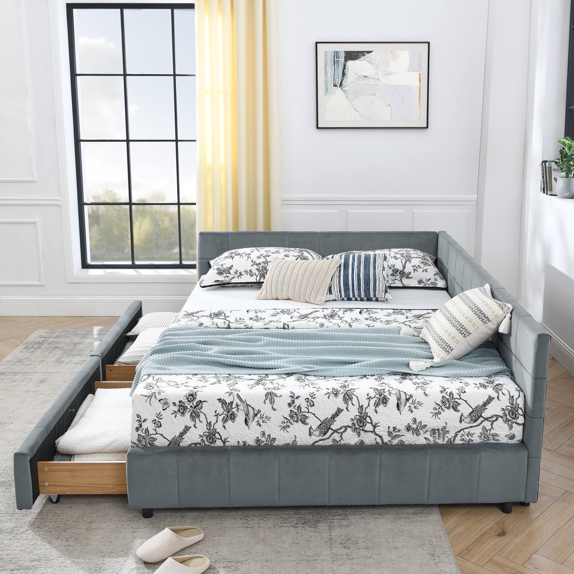 Back. Anysun - Queen Velvet Tufted Storage Bed Frame - Sofa Bed with Backrest & Armrests for Bedroom or Living Room - Grey.