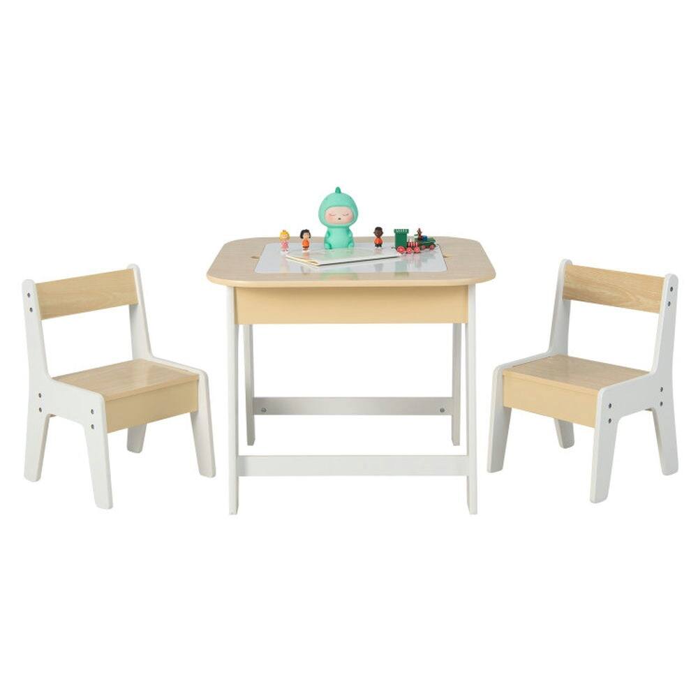 Alt View 4. Pefilos - Kid's Table and Chairs Set with Double-sized Tabletop-Natural, Toddler Table and Chair Set for Arts & Crafts, Snack Time - Brown.