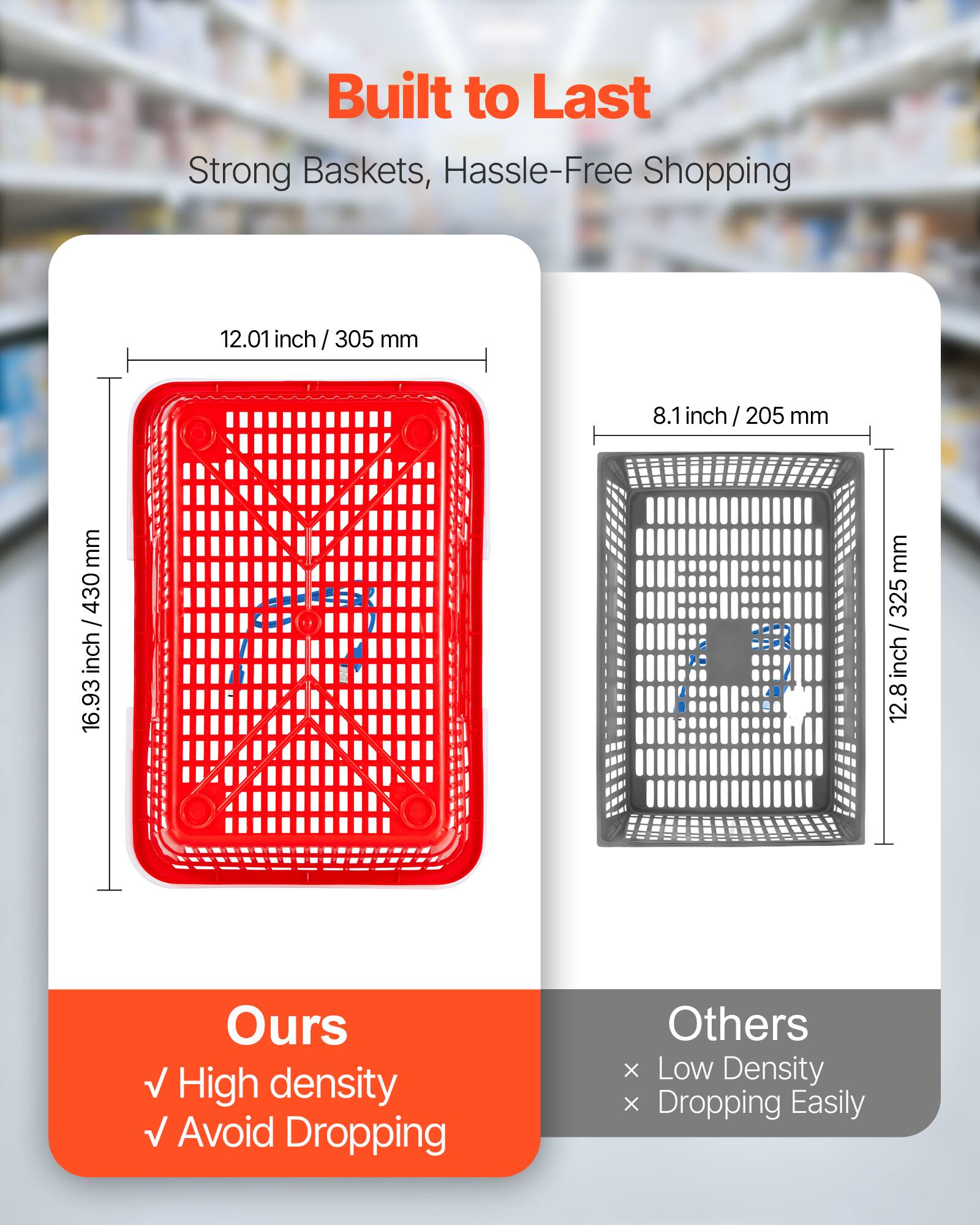Built to Last  
Strong Baskets, Hassle-Free Shopping  

12.01 inch / 305 mm  
8.1 inch / 205 mm  

16.93 mm  
12.8 inch / 325 mm  

Ours  
✓ High density  
✓ Avoid Dropping  

Others  
× Low Density  
× Dropping Easily
