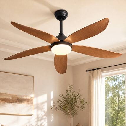 Front. Siljoy - 52 inch Modern Farmhouse Ceiling Fan 5 Wood-Tone ABS Blades with LED Light and Remote for Bedroom Living Room - BROWN.