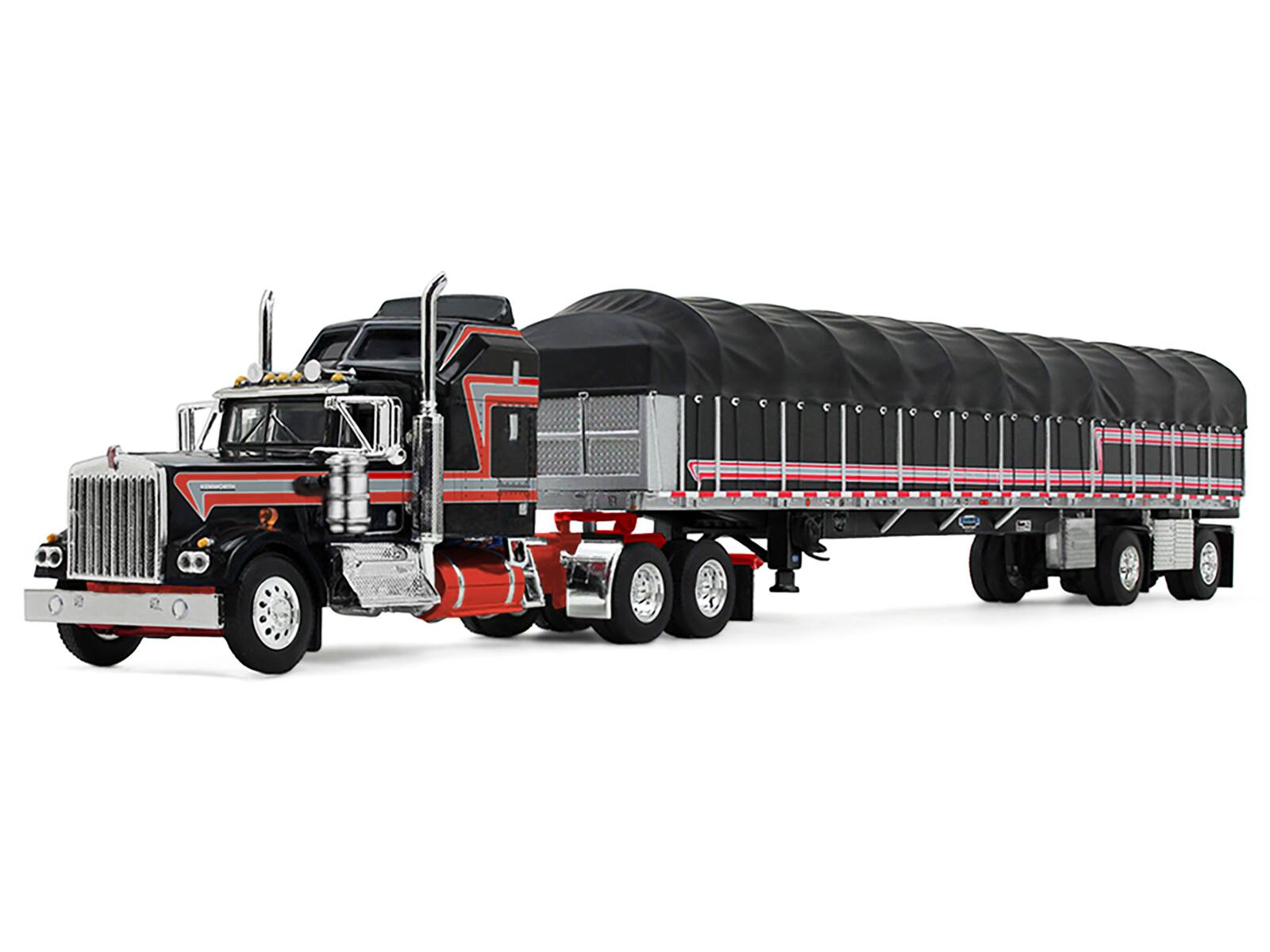 Alt View 4. First Gear - Kenworth W900A with 60" Aerodyne Sleeper and 53’ Wilson Flatbed with Wagon Black with Red 1/64 Model by DCP/First Gear.