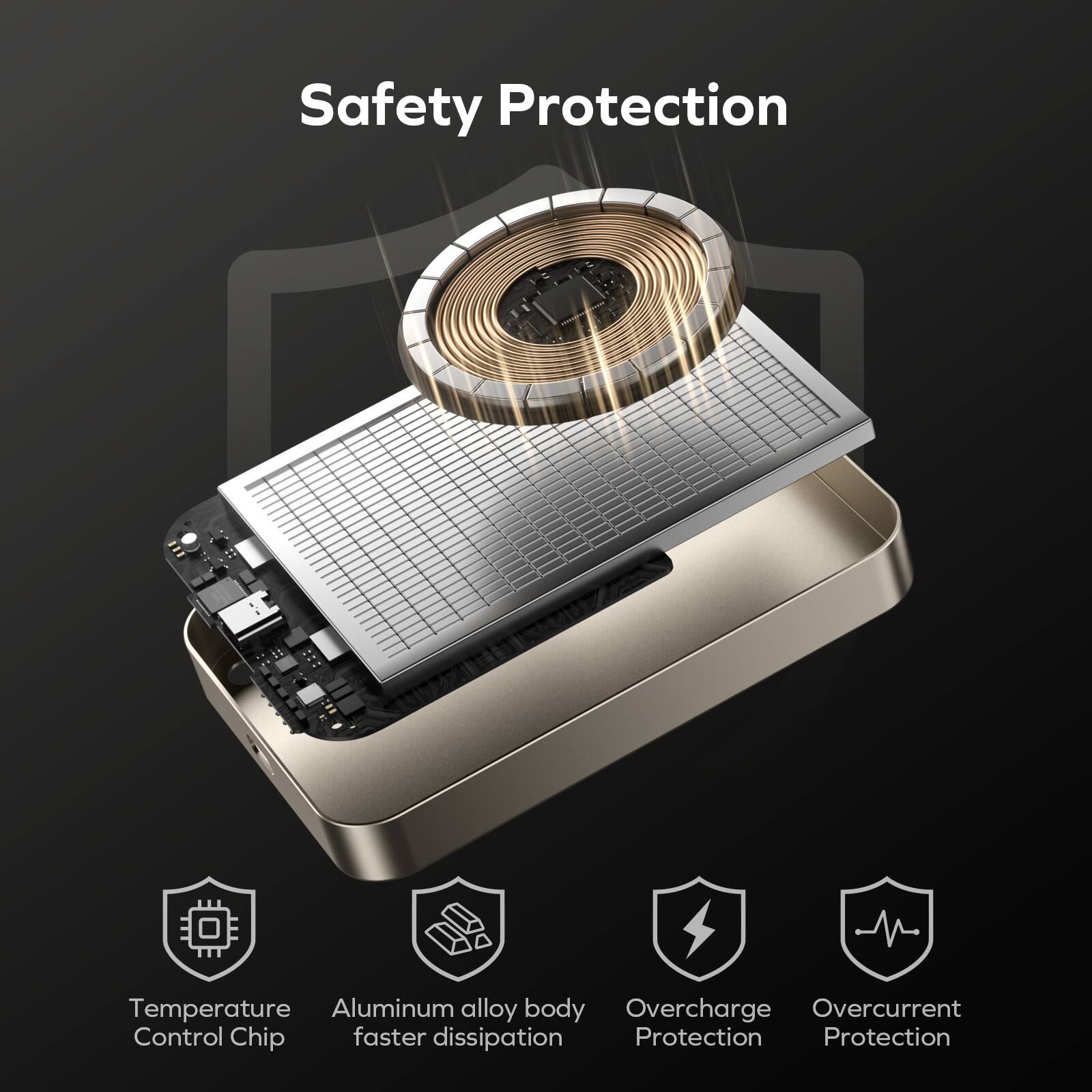 Safety Protection: Temperature Aluminum alloy body Overcharge Overcurrent Control Chip Faster dissipation Protection