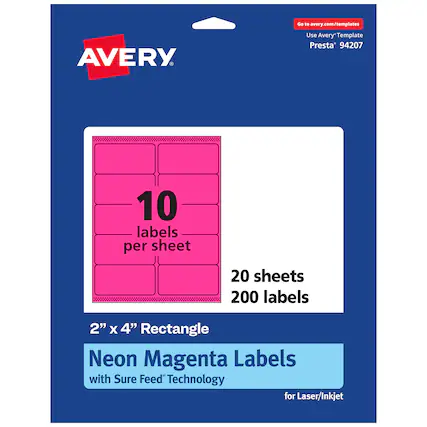 Go to avery.com/templates
AVERY
Use Avery Template Presta* 94207
10 labels per sheet
20 sheets
200 labels
2" x 4" Rectangle
Neon Magenta Labels
with Sure Feed Technology for Laser/Inkjet