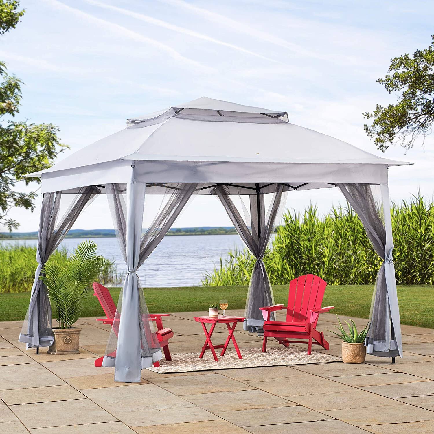 Front. SUNJOY - Sunjoy 11 ft. x 11 ft. Gray Pop Up Portable Steel Gazebo - Light Gray.
