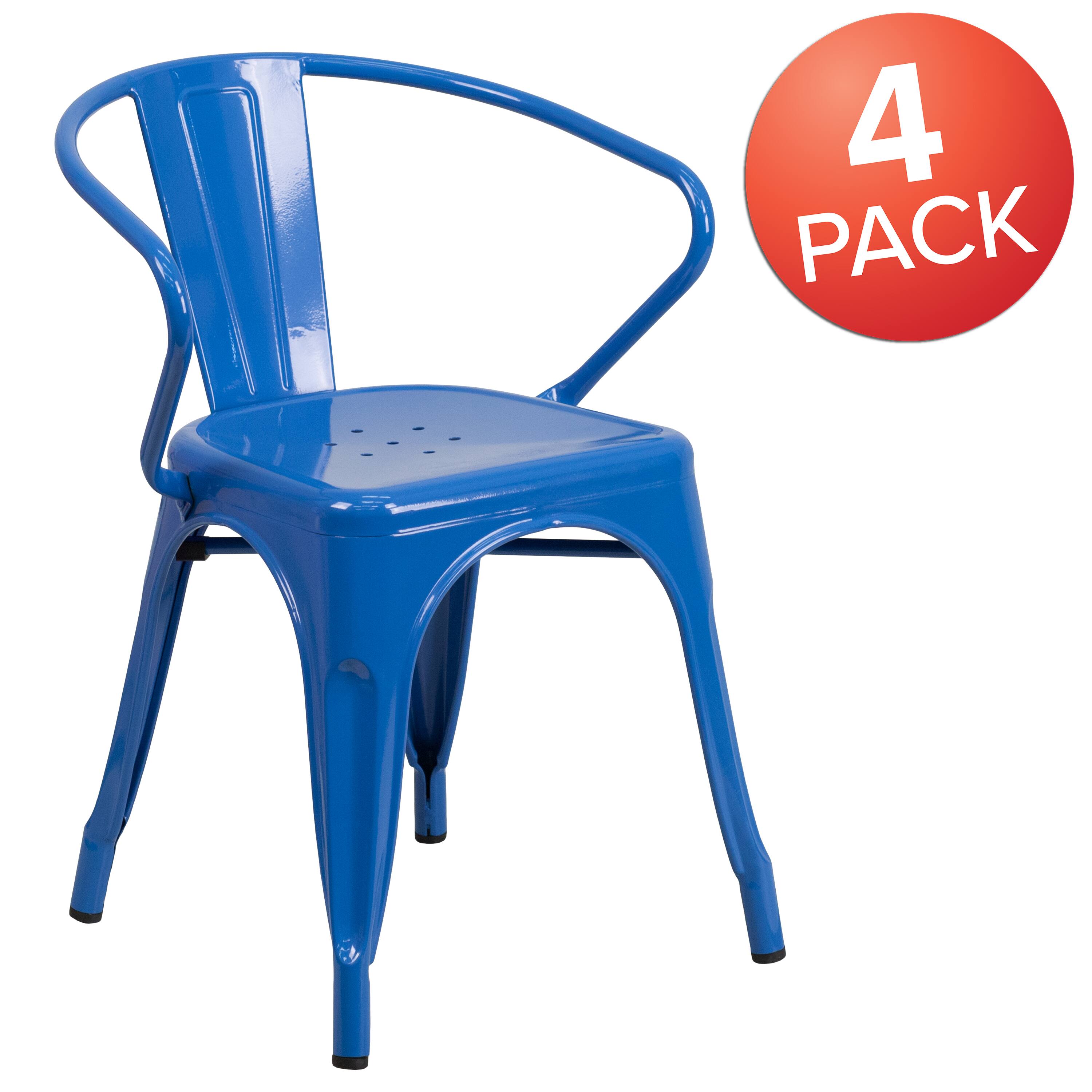 Alt View 1. Emma + Oliver - Commercial Grade 4 Pack Metal Indoor-Outdoor Chair with Arms - Blue.