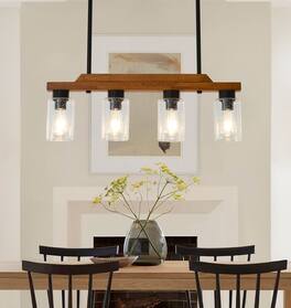 RYHNUYNE - 4-Light Rustic Chandelier 28 Inch Wood Linear Pendant Light with Seed Glass Shades Adjustable Farmhouse Island Lighting