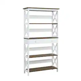 FurniFact - Wooden 5-Tier Bookcase with Drawer for Storage and Display - Driftwood