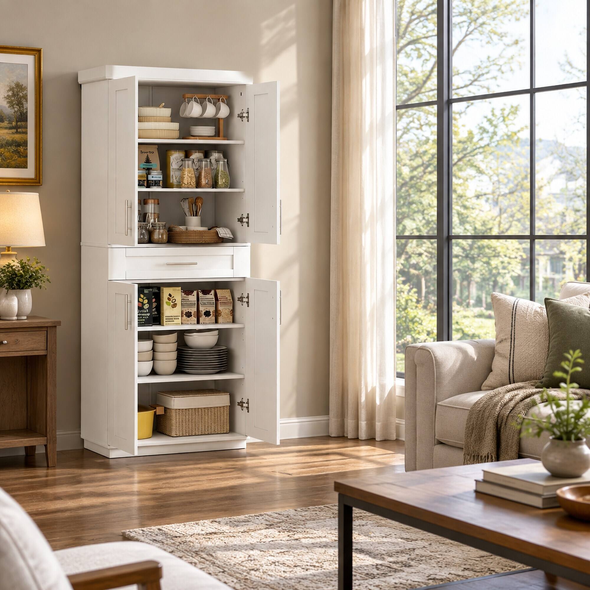 Back. RYHNUYNE - Freestanding Tall Storage Cabinet, Spacious Kitchen Pantry Cabinet with Doors, Space Saving - White.