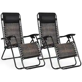 Costway - 2PCS Patio Rattan Zero Gravity Lounge Chair Folding Recliner Headrest - Mix Brown + Black