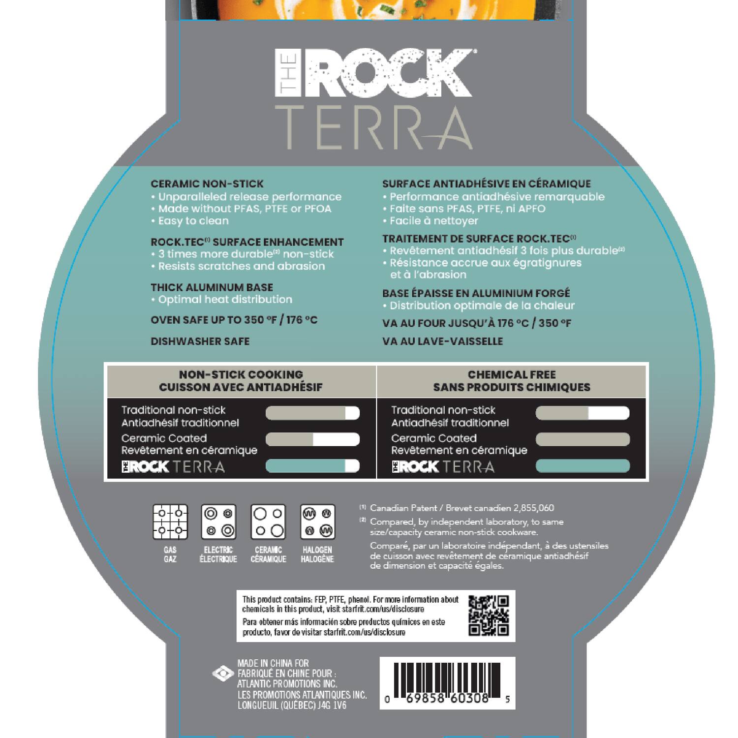 **THE ROCK TERRA**

**CERAMIC NON-STICK**
- Unparalleled release performance
- Made without PFAS, PTFE or PFOA
- Easy to clean

**ROCK.TEC™ SURFACE ENHANCEMENT**
- 3 times more durable non-stick
- Resists scratches and abrasion

**THICK ALUMINUM BASE**
- Optimal heat distribution

**OVEN SAFE UP TO 350°F / 176°C**

**DISHWASHER SAFE**

**NON-STICK COOKING CUISSON AVEC ANTIADHÉSIF**

**Traditional non-stick**
- Antidérapant traditionnel
- Ceramic Coated
- Revêtement en céramique

**BROCK TERRA**

**SURFACE ANTIADHÉSIVE EN CÉRAMIQUE**
- Performance antiadhésive remarquable
- Faite sans PFAS, PTFE, ni PFOA
- Facile à nettoyer

**TRAITEMENT DE SURFACE ROCK.TEC™**
- Revêtement antiadhésif 3 fois plus durable
- Résistance accrue aux égr