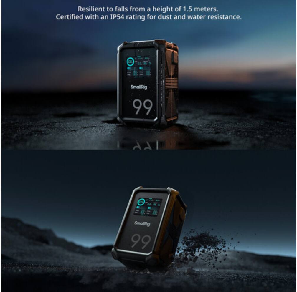 Resilient to falls from a height of 1.5 meters.  
Certified with an IP54 rating for dust and water resistance.  
SmallRig 99