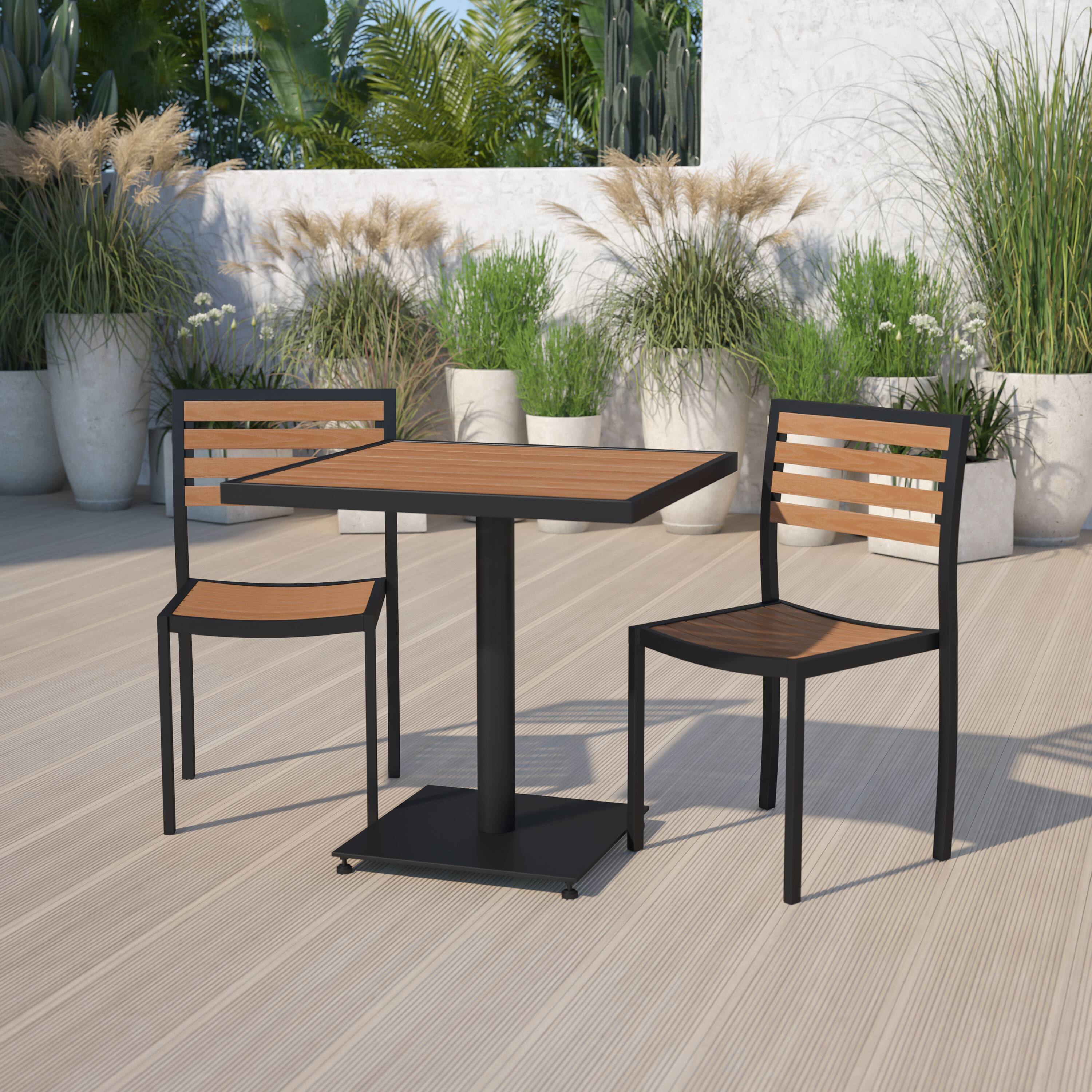 Alt View 1. Emma + Oliver - Outdoor Patio Bistro Dining Table Set with 2 Chairs and Faux Teak Poly Slats - Teak.