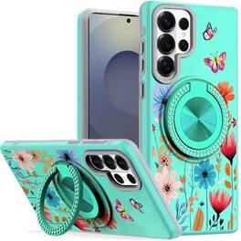 Kitcheniva - Stylish Bling Ring Stand Protective Case With Tempered Glass For Samsung S26 Ultra Blue Butterfly - Green