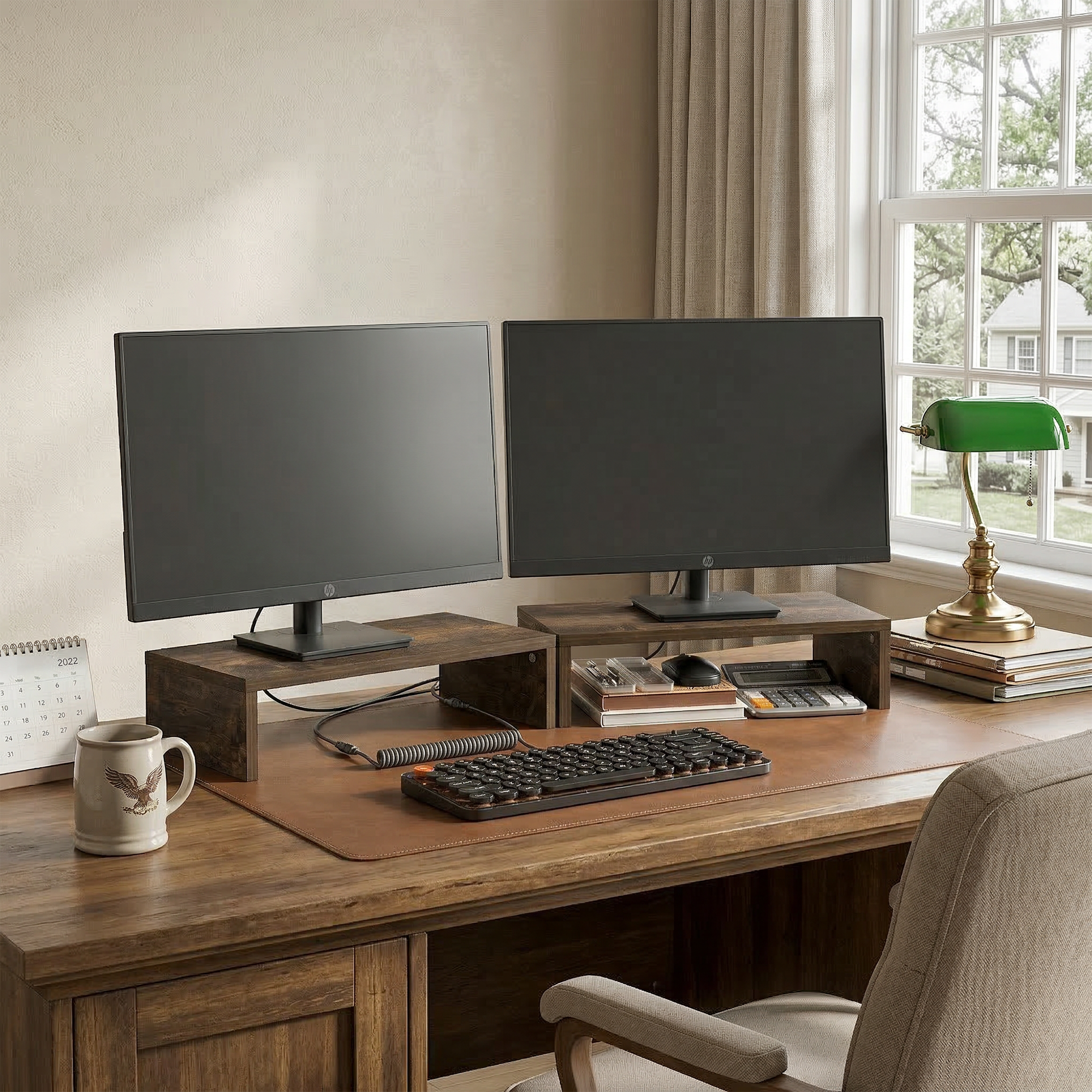 Alt View 2. Furinno - CLASSIC Monitor Stand Riser Set of 2, Dual Monitor Riser, Stackable Separable Laptop Stand for Desk, for Office Supplier - Amber Pine.