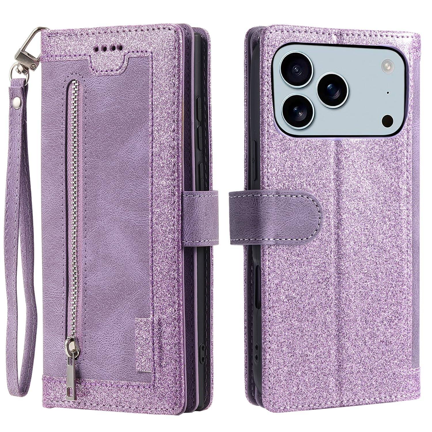 Angle. UUCOVER - Magnetic Flip Wallet Case for Apple iPhone 17 Pro Max with Card Cash Slots, Zipper Pocket and Wrist Strap, Stand Cover - Purple.