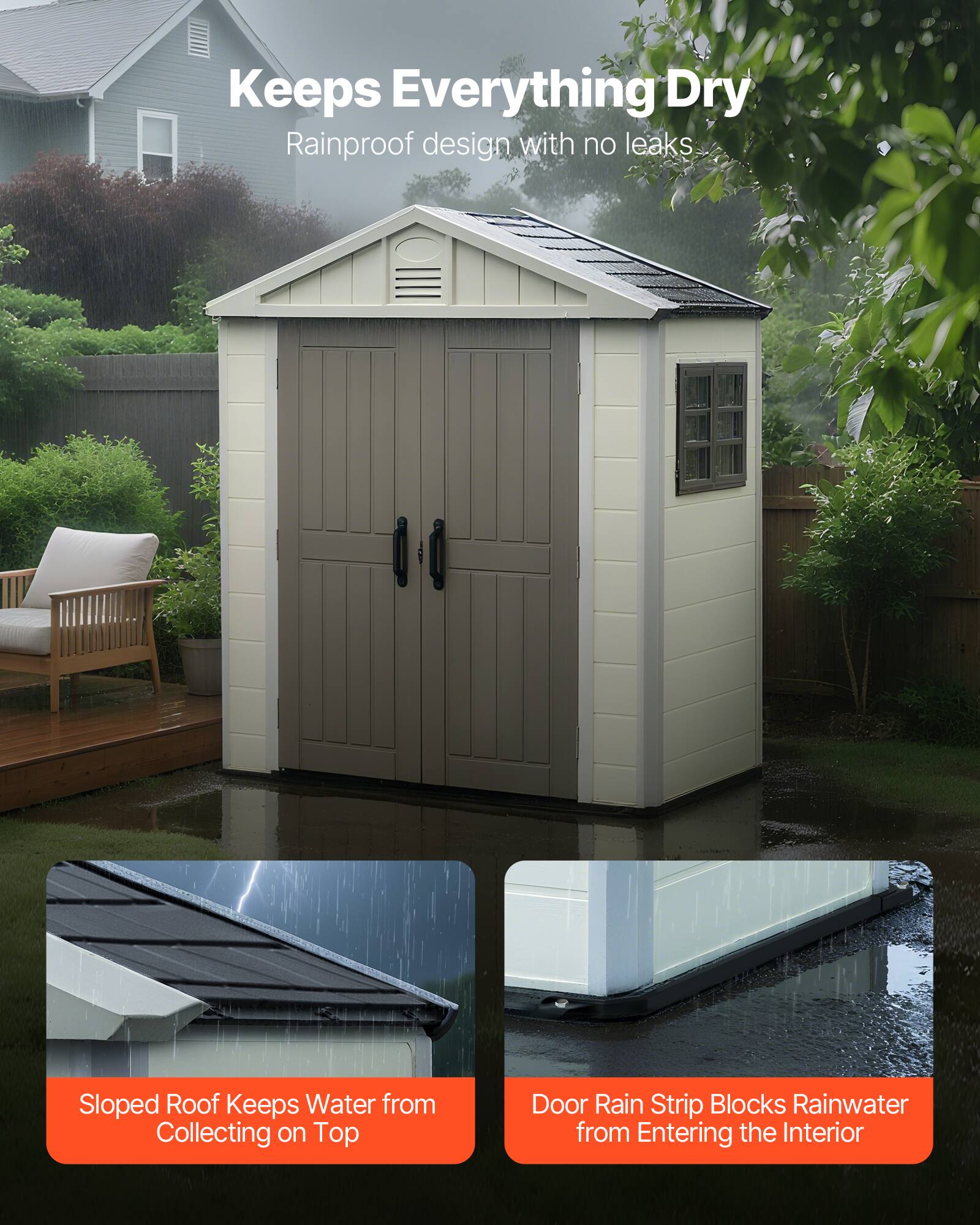 Keeps Everything Dry  
Rainproof design with no leaks  

Sloped Roof Keeps Water from Collecting on Top  

Door Rain Strip Blocks Rainwater from Entering the Interior