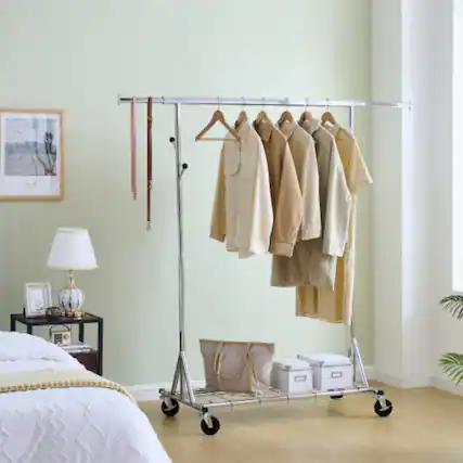 Front. LUCKY ONE - Adjustable Heavy Duty Rolling Garment Rack 600LBS Collapsible w/ Wheels - Silver.