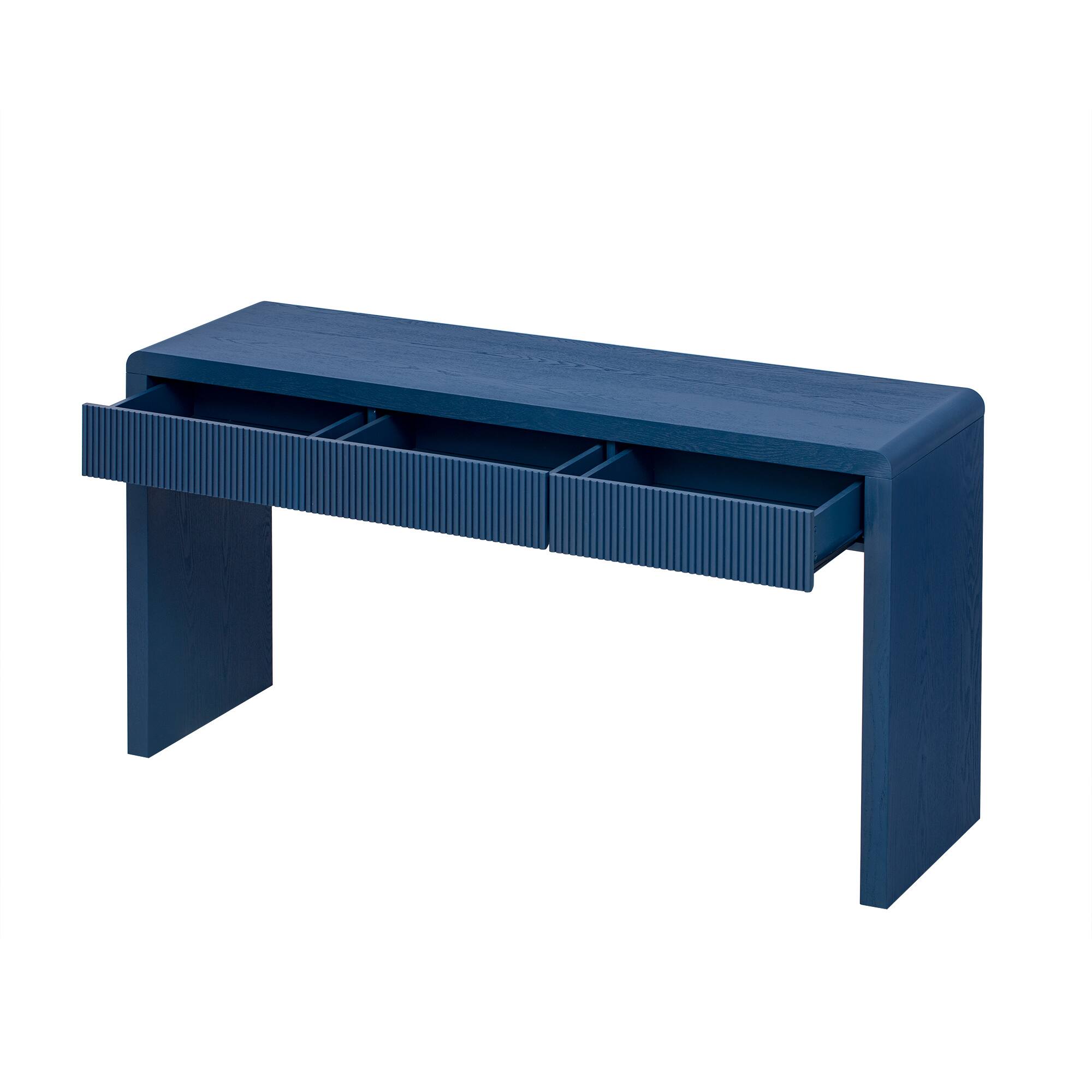 Back. Spaco - Spaco Rustic Aesthetic Console Table, 3 Fluted Drawers with Solid Wood Veneer and Natural Grain for Living Room Hallway - Navy.