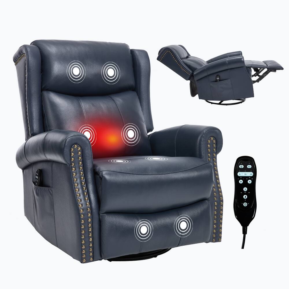 Alt View 4. Ropilly - Ropilly Genuine Leather Massage Recliner, Manual Recliner with Lumbar Heat and Swivel Rocker, Blue - Blue.
