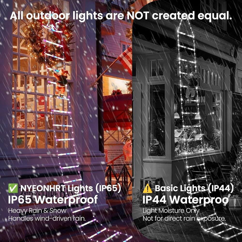 All outdoor lights are NOT created equal.

- NYEONHRT Lights (IP65)  
  IP65 Waterproof  
  Heavy Rain & Snow  
  Handles wind-driven rain.

- Basic Lights (IP44)  
  IP44 Waterproof  
  Light Moisture Only  
  Not for direct rain exposure.