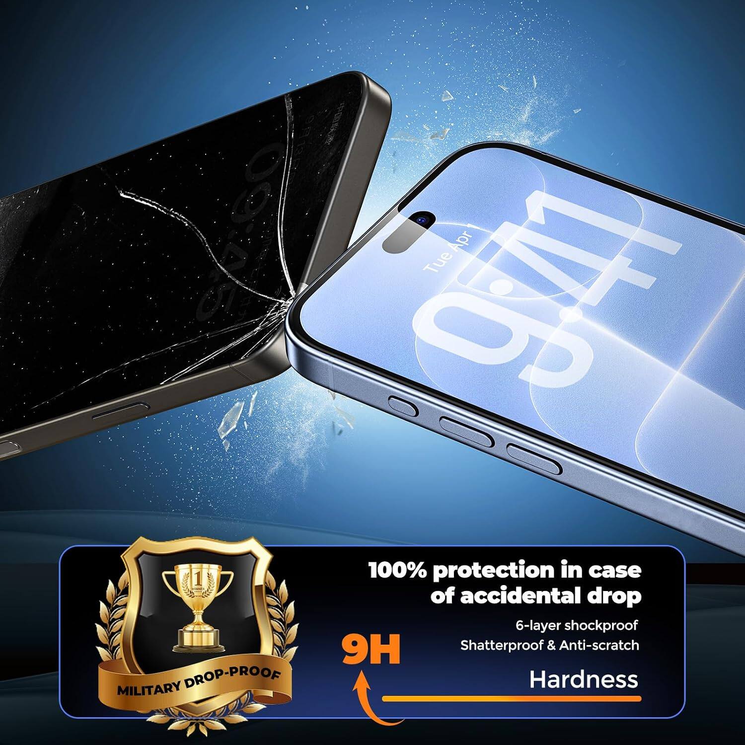 0935 MILITARY DROP-PROOF

Apr Tue 9:41

100% protection in case of accidental drop

6-layer shockproof

9H Shatterproof & Anti-scratch Hardness