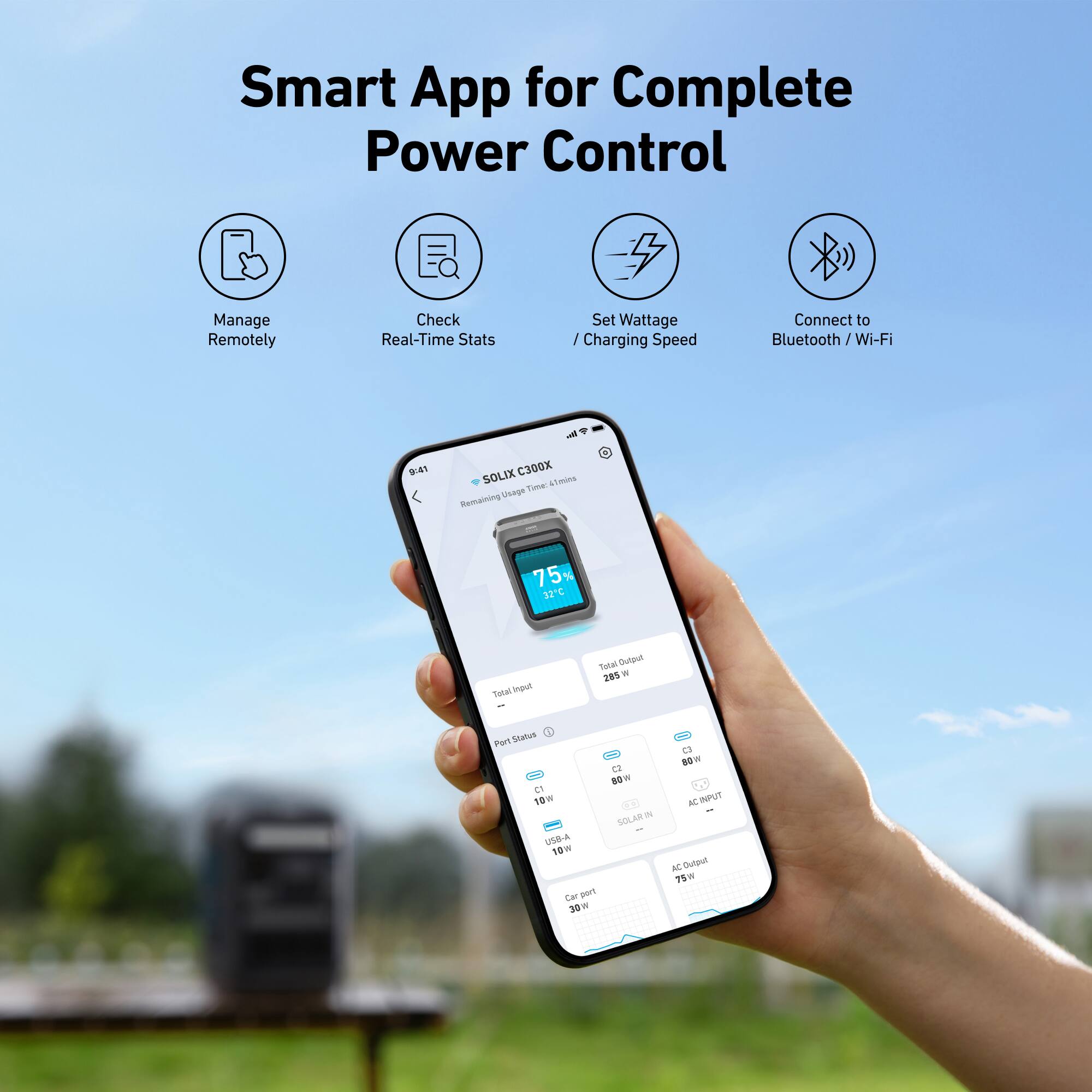 Smart App for Complete Power Control  
Manage Remotely  
Check Real-Time Stats  
Set Wattage / Charging Speed  
Connect to Bluetooth / Wi-Fi  

A SOLIX C300X tauna te vege Remaining 75% Irt Setal Inou Dua Otst 280 * FuT Snatus .. t0w USE-A 19W Car pert 320w - ea OW  
SOLMUIN - - .. 1 M ACINPUT AC Duland TSM W