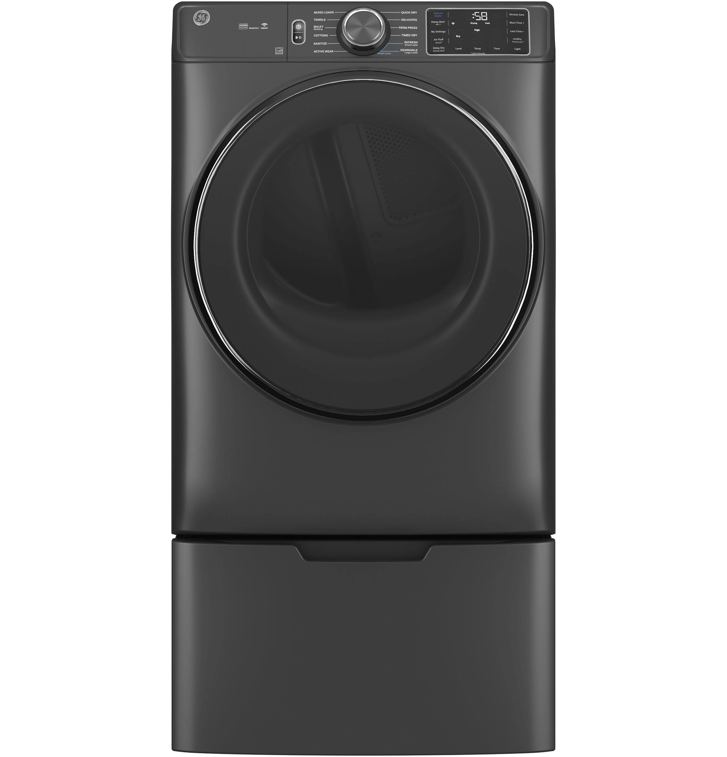 Left. GE - 7.8 Cu. Ft. Stackable Smart Gas Dryer with Steam - Carbon Graphite.