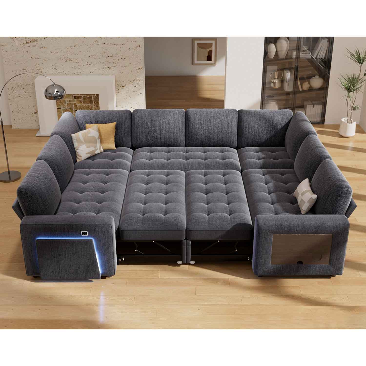 Front. Vipbear - Vipbear 8 Seat Modular Sectional Sleeper Sofa,Pull-Out Bed, Reclining Backrest, USB Ports, Side Table, Gary - Gray.