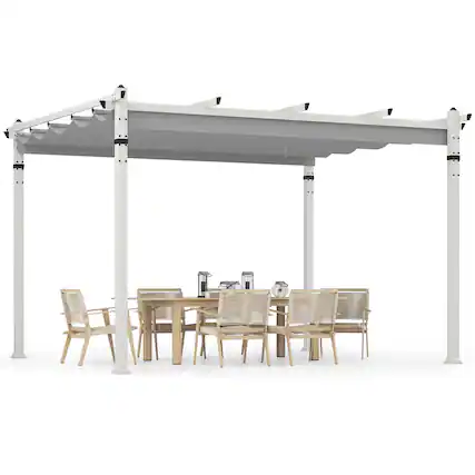Front. Gymax - Gymax 12' x 10' Outdoor Pergola w/ Retractable Canopy Aluminum Frame Anchors Patio Grey - Grey, White.