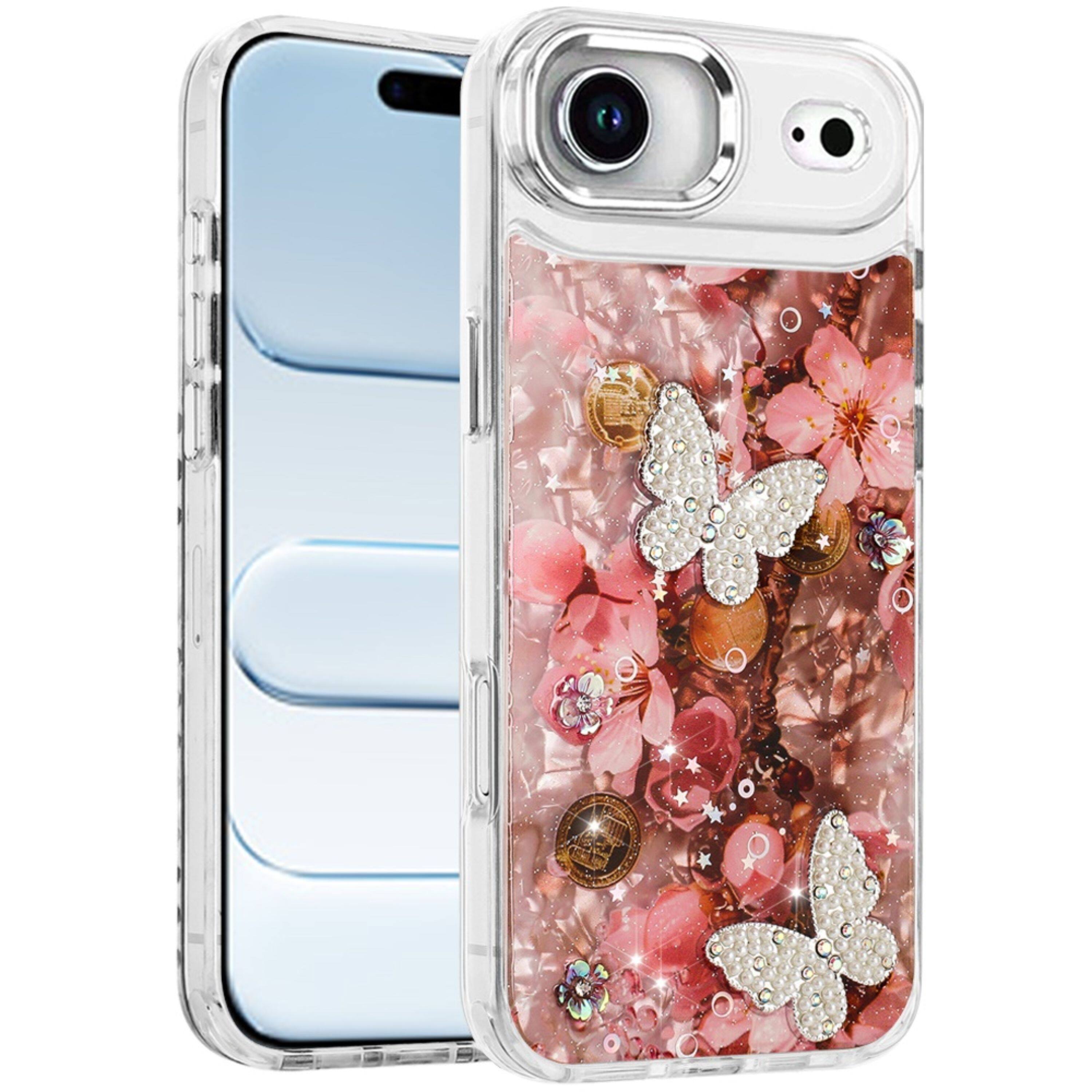 Left. Kitcheniva - 3D Beaded Butterflies Design Epoxy Glitter Phone Case With Tempered Glass For iPhone Air - Multicolor.
