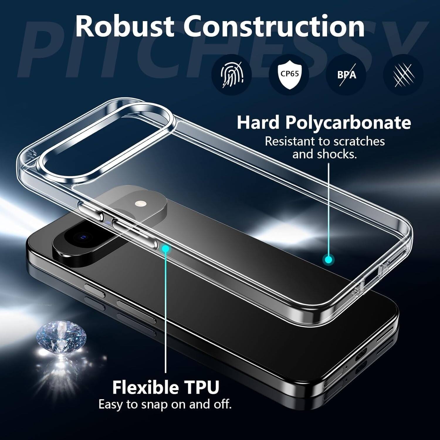 Robust Construction
Hard Polycarbonate
Resistant to scratches and shocks.
Flexible TPU
Easy to snap on and off.