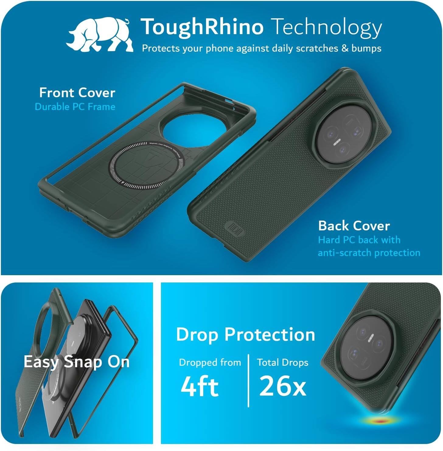 ToughRhino Technology  
Protects your phone against daily scratches & bumps  

Front Cover  
Durable PC Frame  

Back Cover  
Hard PC back with anti-scratch protection  

Easy Snap On  

Drop Protection  
Dropped from 4ft  
Total Drops 26x
